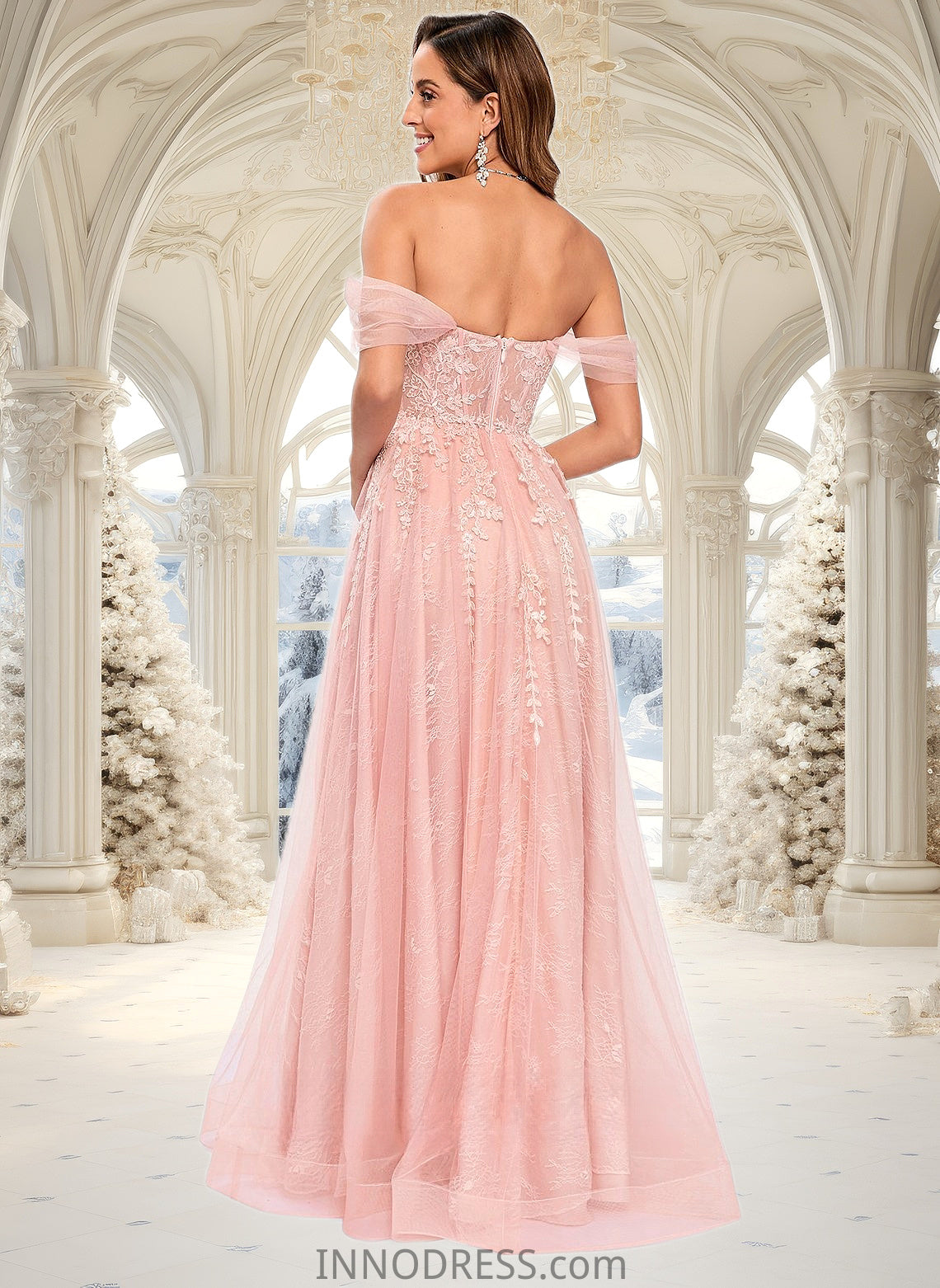 Cailyn A-line Sweetheart Off the Shoulder Floor-Length Tulle Floral Lace Prom Dresses With Appliques Lace DPP0025870