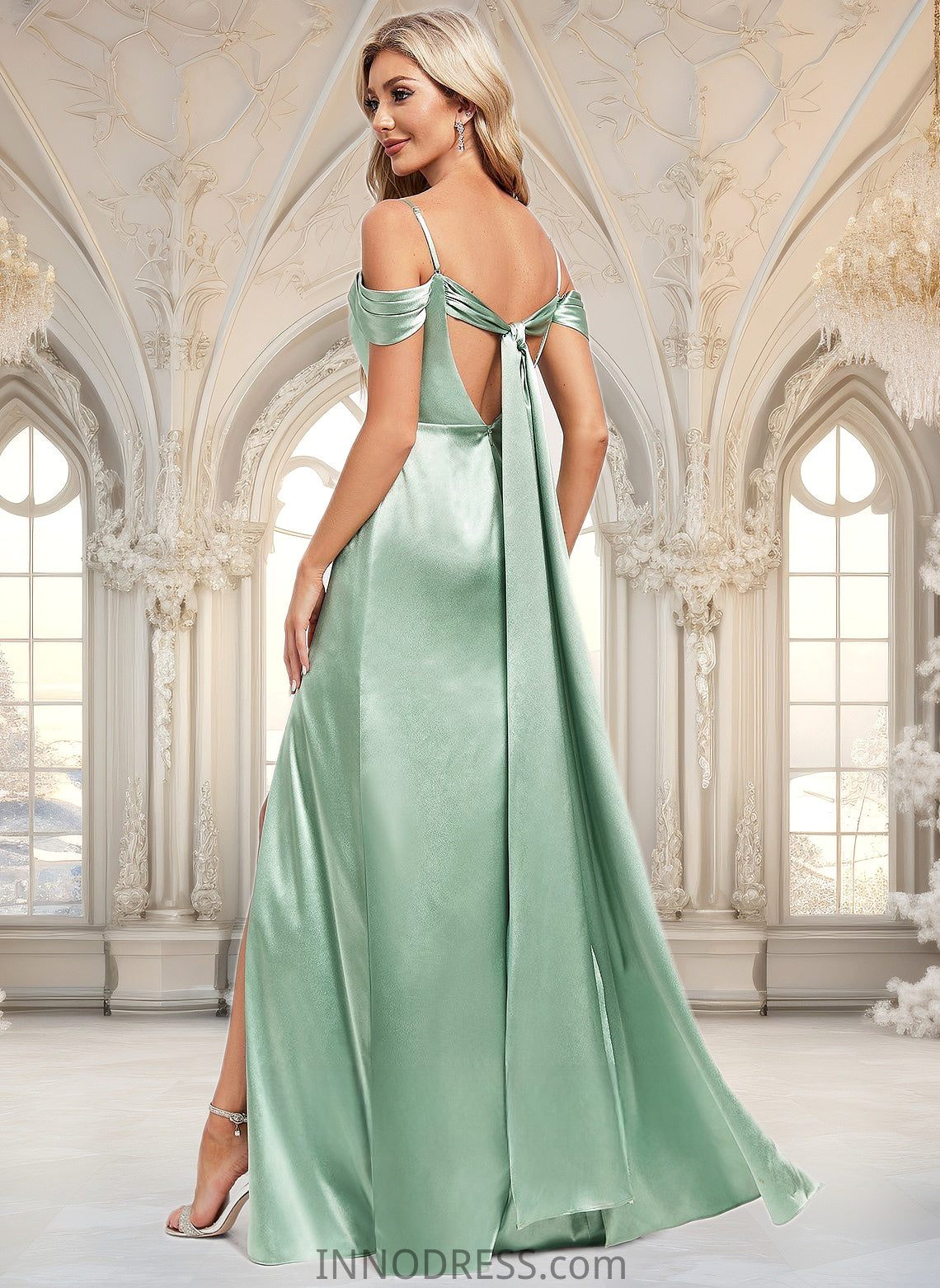 Yamilet A-line Cowl Cold Shoulder Floor-Length Stretch Satin Bridesmaid Dress With Bow Ruffle DPP0025807