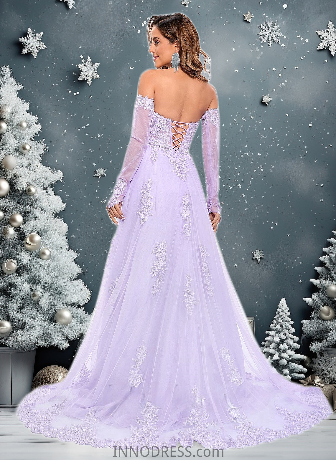 Lucille A-line Sweetheart Sweep Train Tulle Prom Dresses With Sequins Appliques Lace DPP0025856