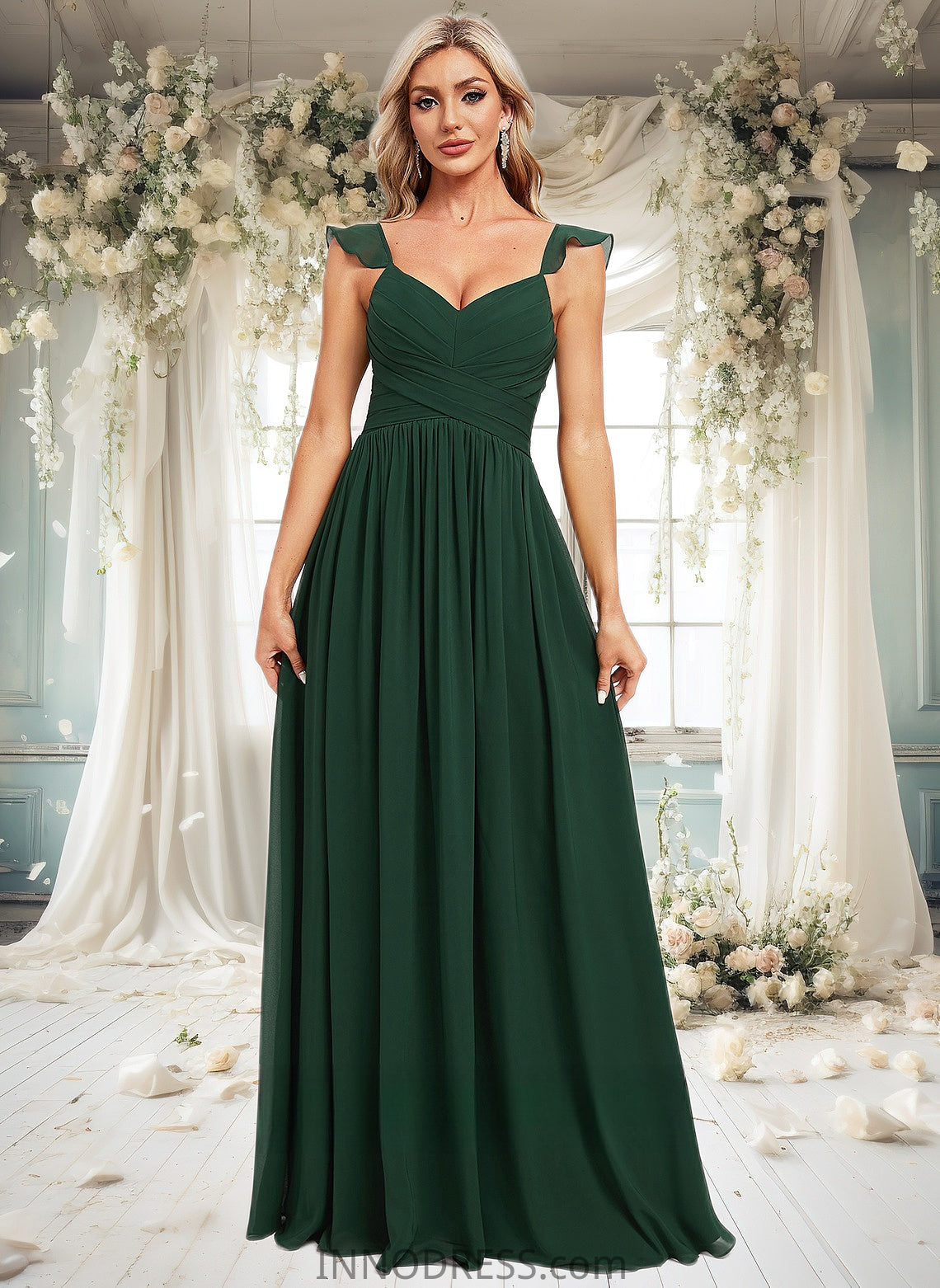 Prudence A-line V-Neck Floor-Length Chiffon Bridesmaid Dress With Ruffle DPP0025811