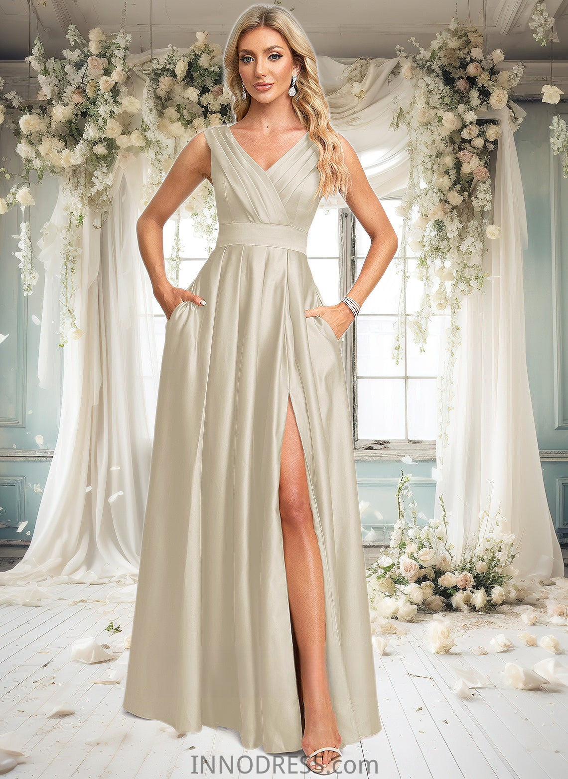 Paula A-line V-Neck Floor-Length Satin Prom Dresses DPP0025877