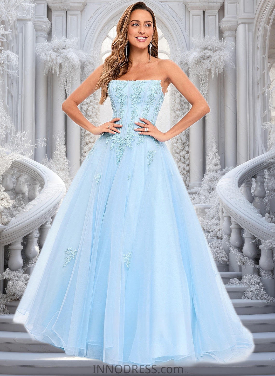 Aubrey Ball-Gown/Princess Straight Sweep Train Tulle Prom Dresses With Sequins Appliques Lace DPP0025864