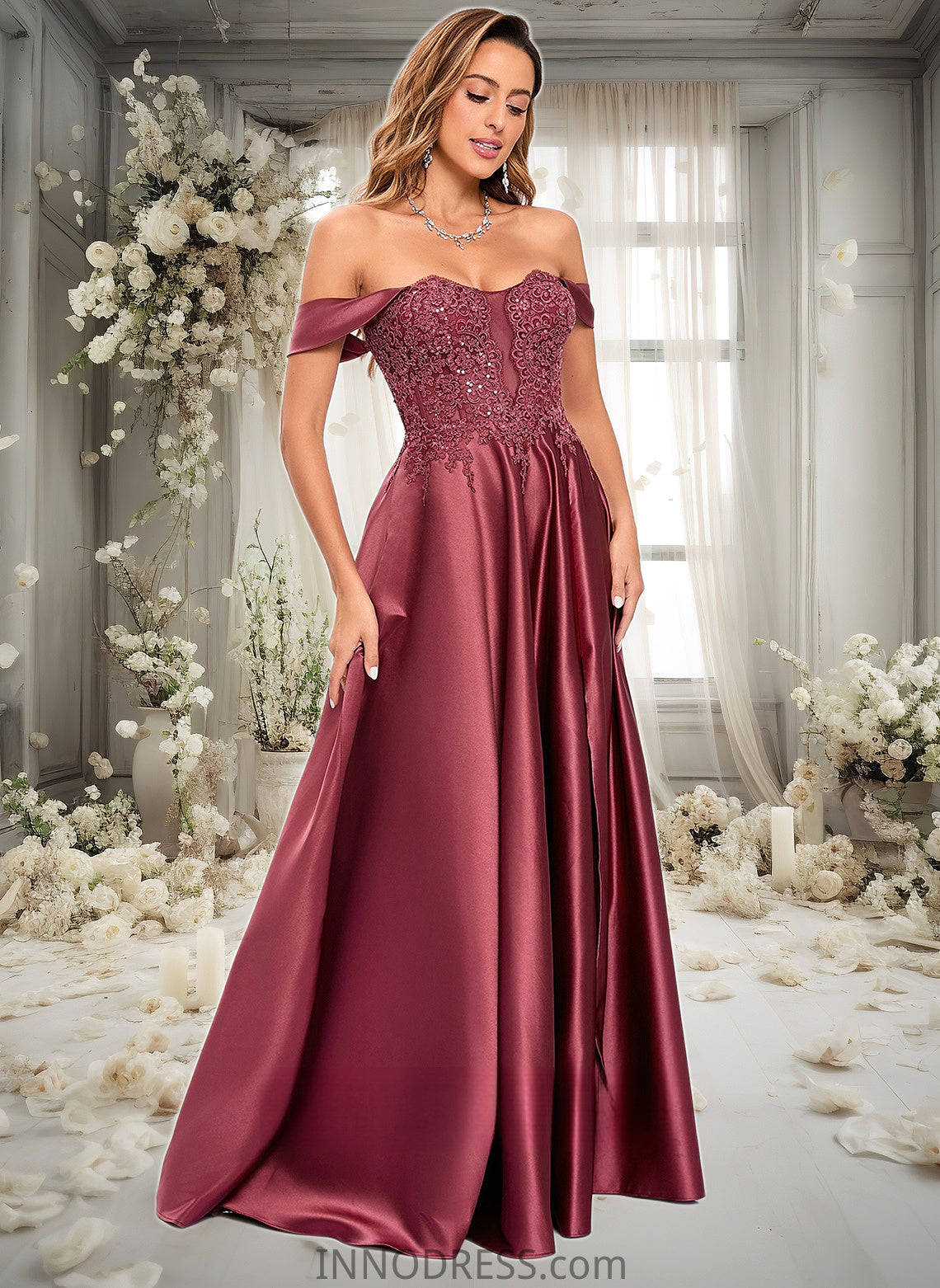 Reese A-line Off the Shoulder Floor-Length Satin Lace Prom Dresses With Sequins DPP0025841