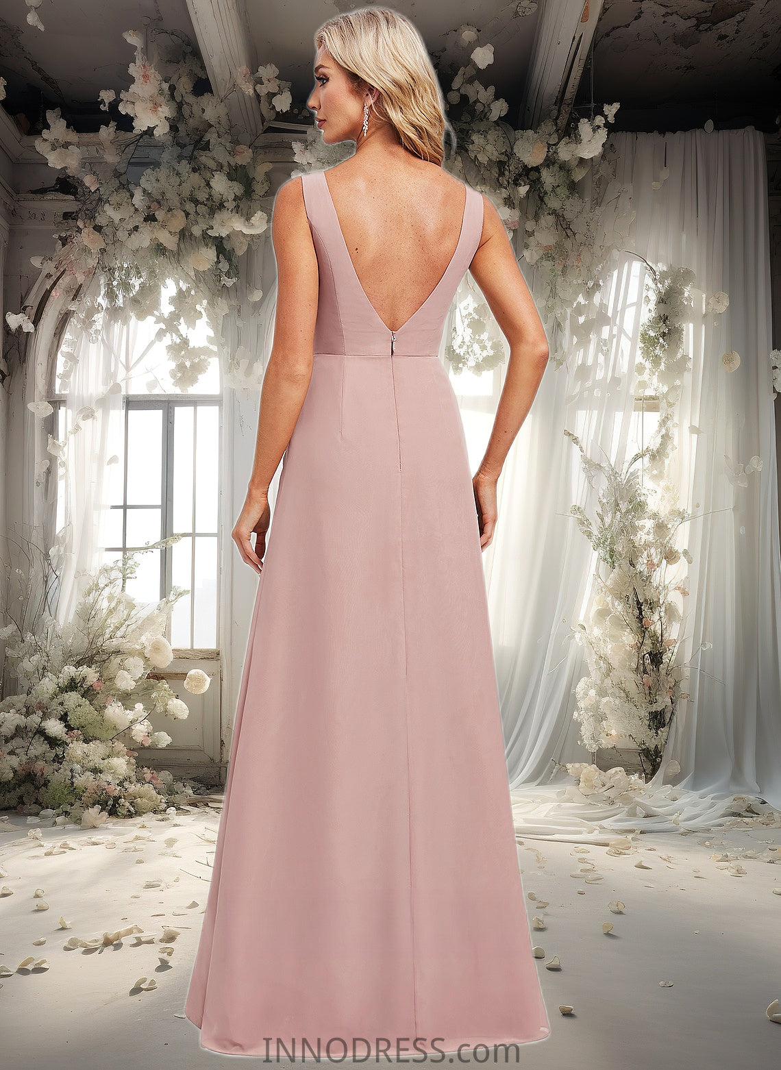 Fatima A-line V-Neck Floor-Length Chiffon Bridesmaid Dress DPP0025820