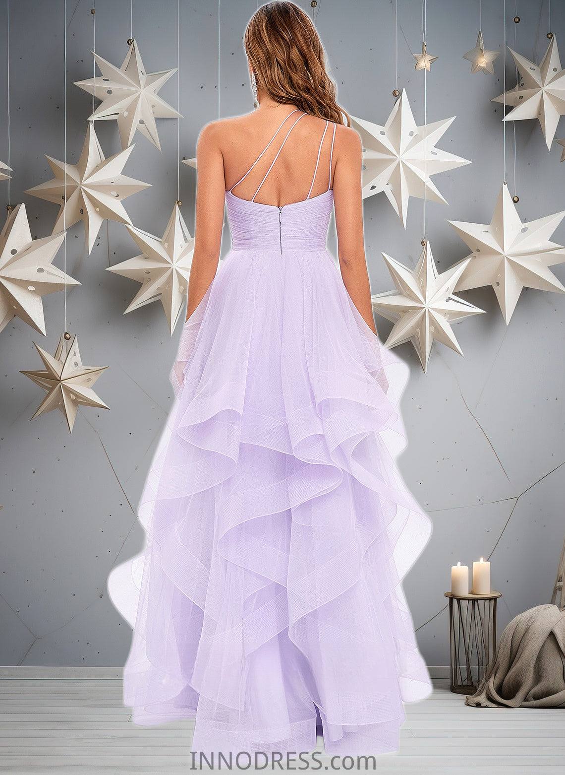 Janet Ball-Gown/Princess Asymmetrical One Shoulder Floor-Length Tulle Prom Dresses DPP0025867