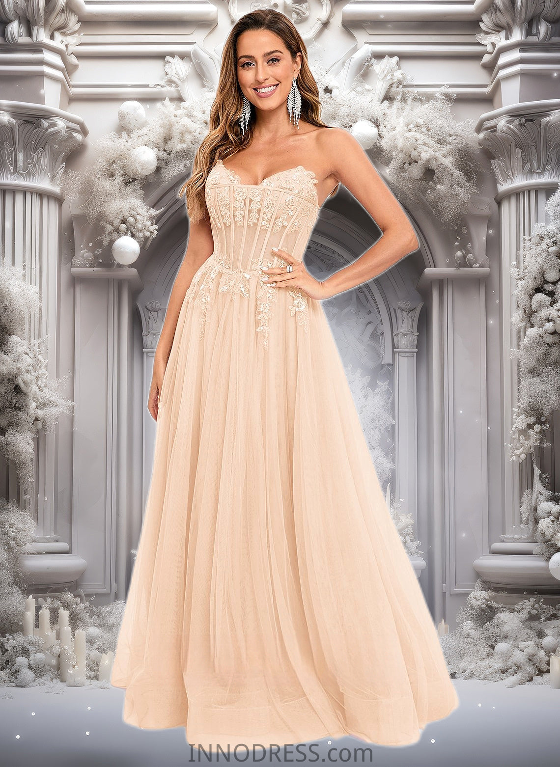 Ina Ball-Gown/Princess V-Neck Floor-Length Tulle Prom Dresses With Sequins Appliques Lace DPP0025837