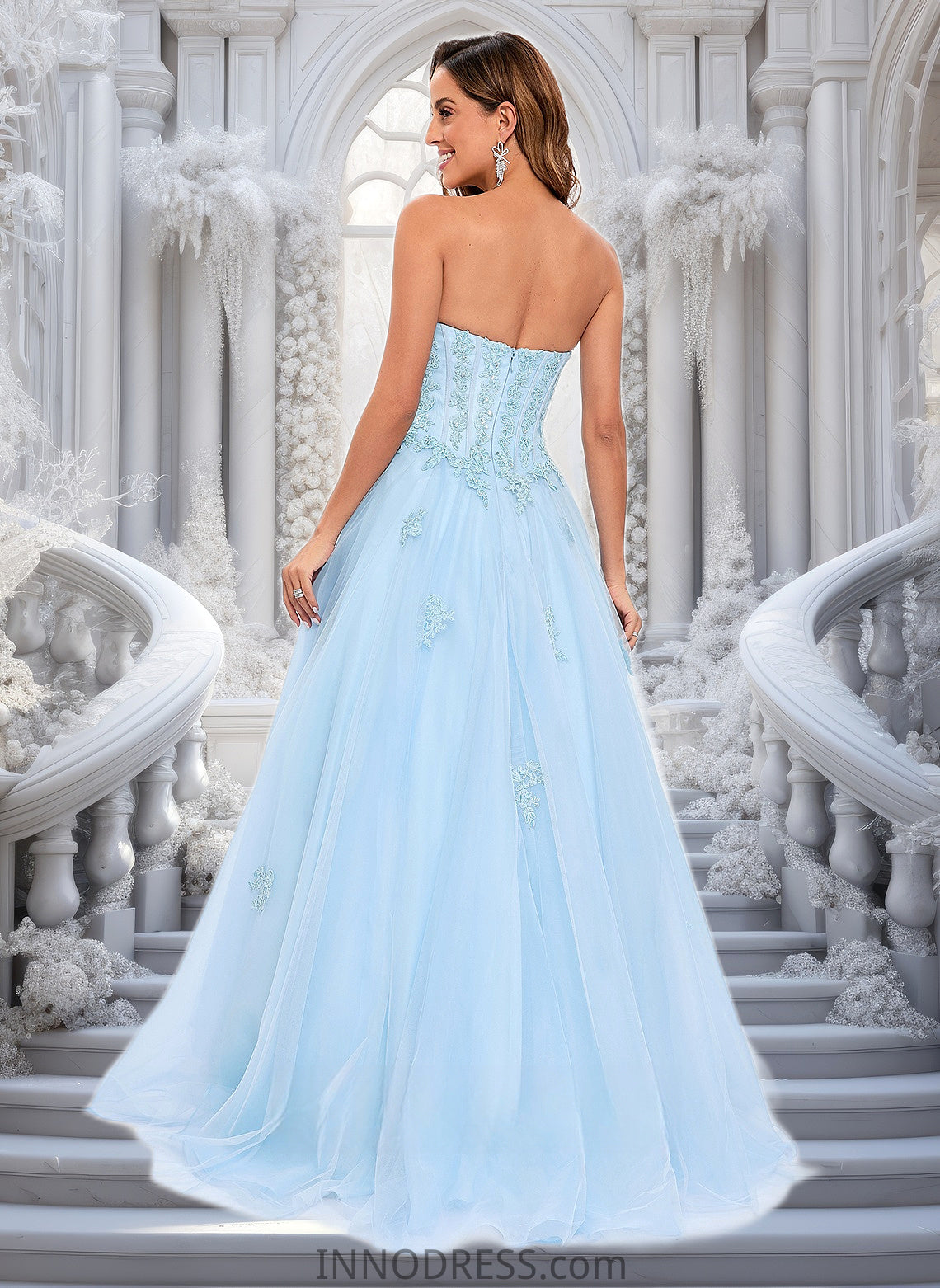 Aubrey Ball-Gown/Princess Straight Sweep Train Tulle Prom Dresses With Sequins Appliques Lace DPP0025864