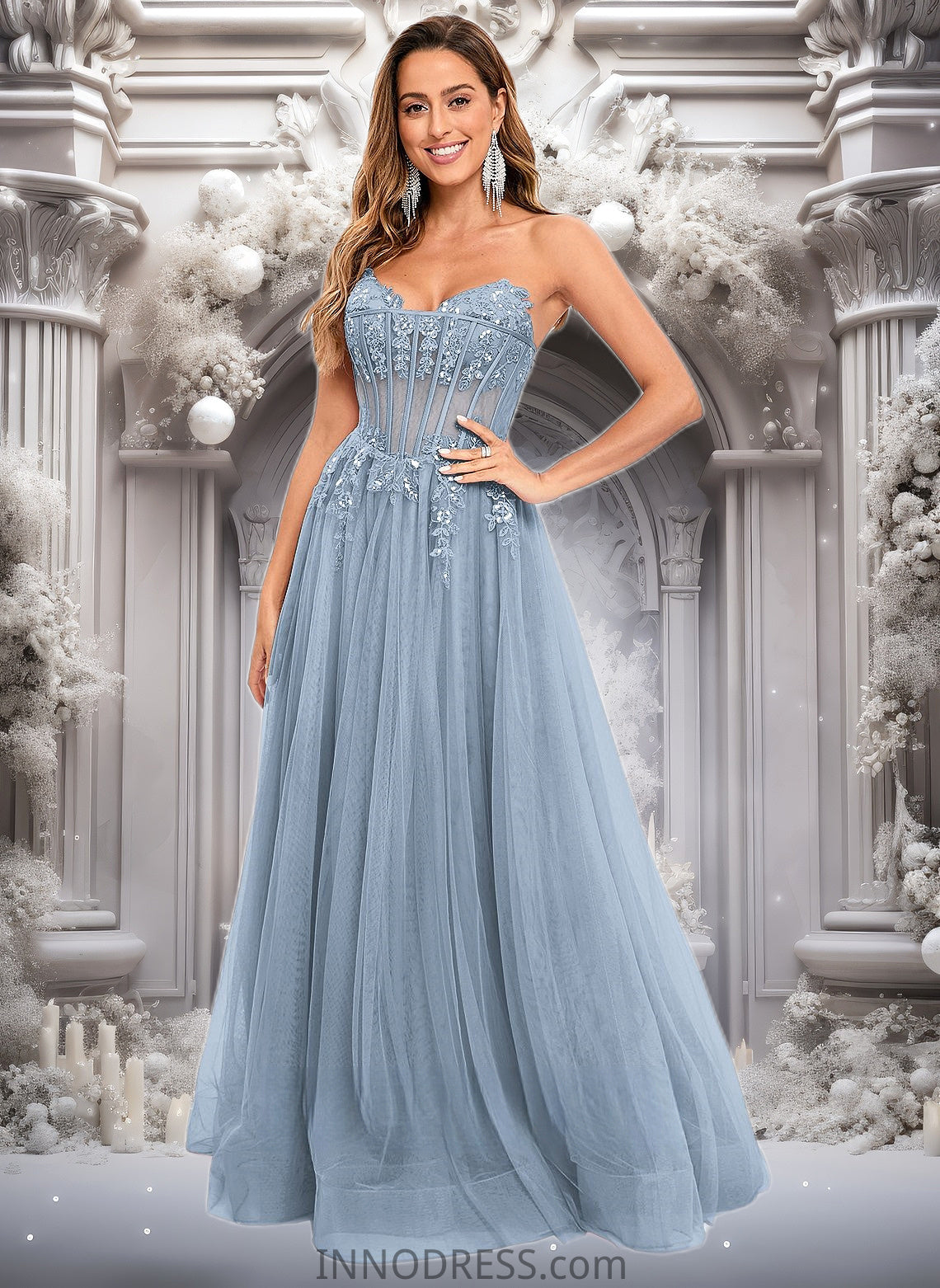 Ina Ball-Gown/Princess V-Neck Floor-Length Tulle Prom Dresses With Sequins Appliques Lace DPP0025837