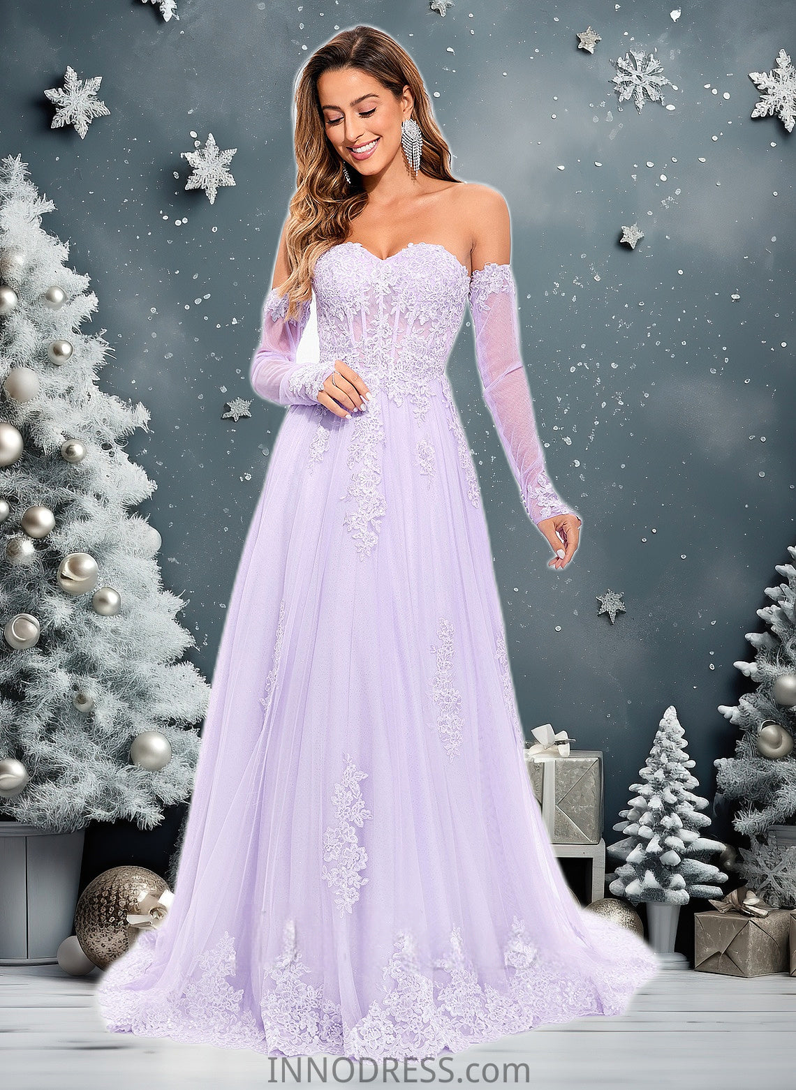 Lucille A-line Sweetheart Sweep Train Tulle Prom Dresses With Sequins Appliques Lace DPP0025856