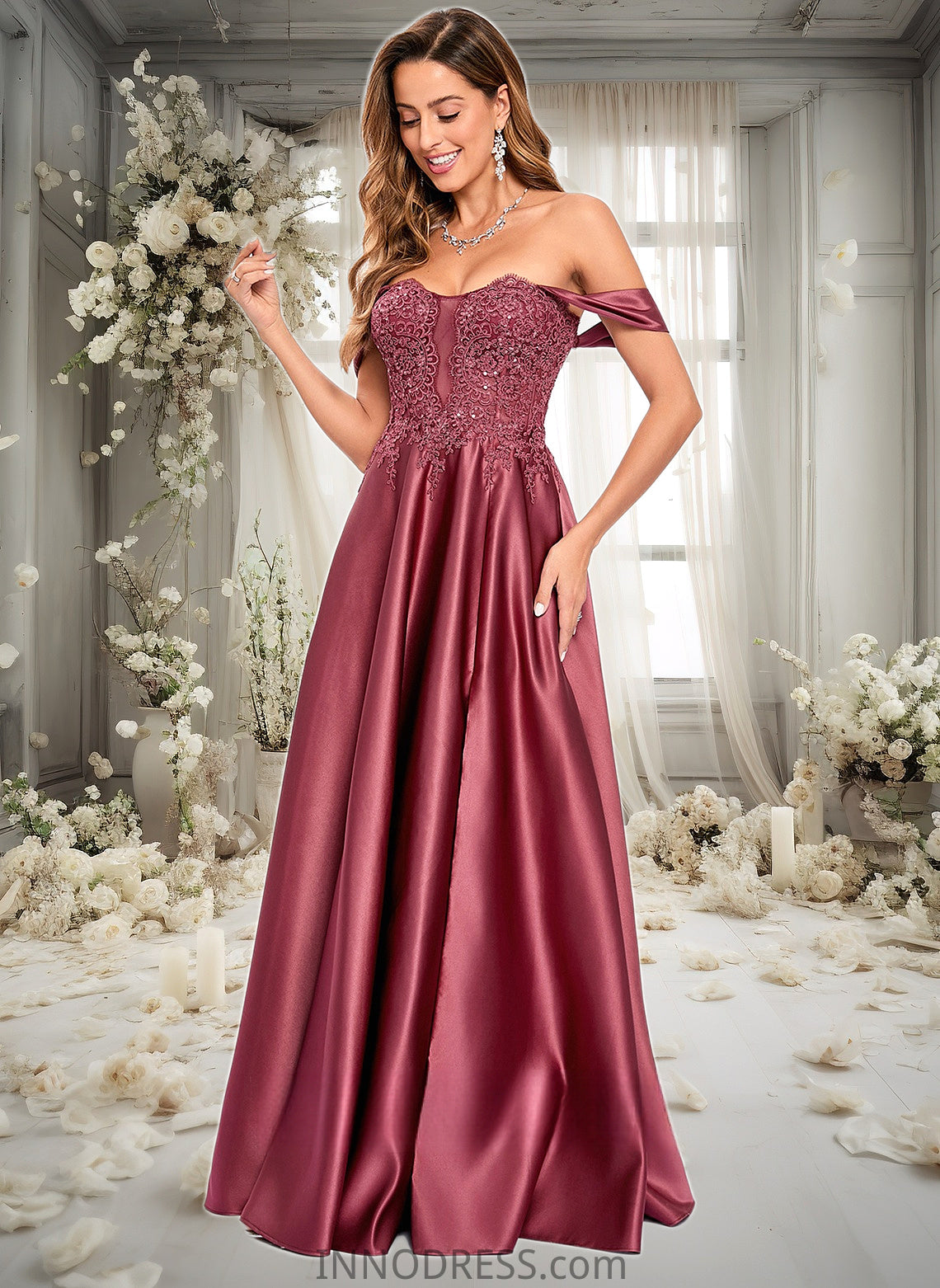 Reese A-line Off the Shoulder Floor-Length Satin Lace Prom Dresses With Sequins DPP0025841