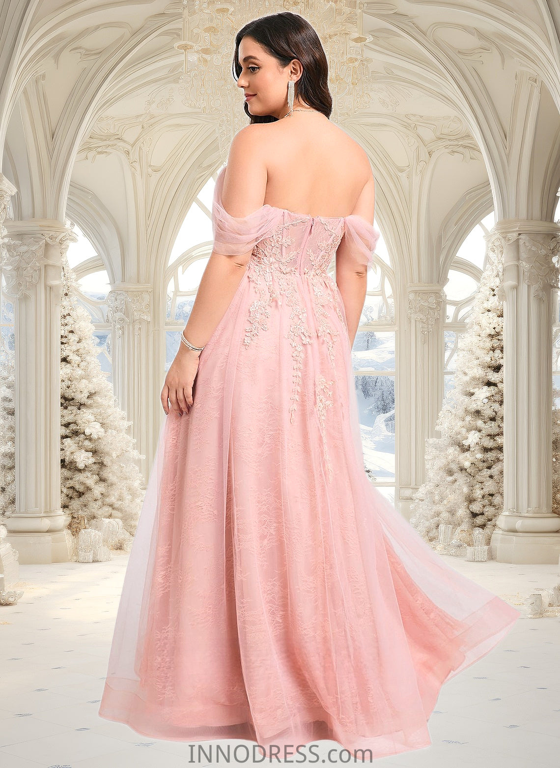 Cailyn A-line Sweetheart Off the Shoulder Floor-Length Tulle Floral Lace Prom Dresses With Appliques Lace DPP0025870