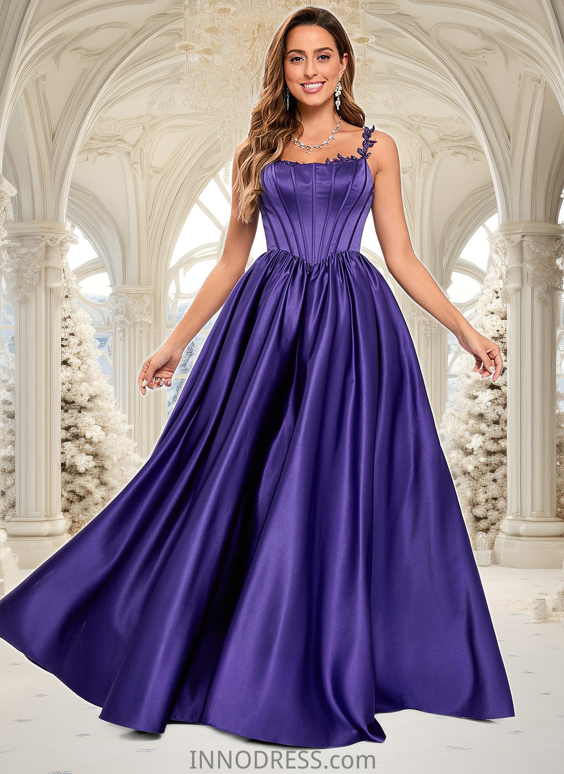 Kaiya Ball-Gown/Princess Scoop Floor-Length Satin Prom Dresses With Appliques Lace Beading DPP0025865