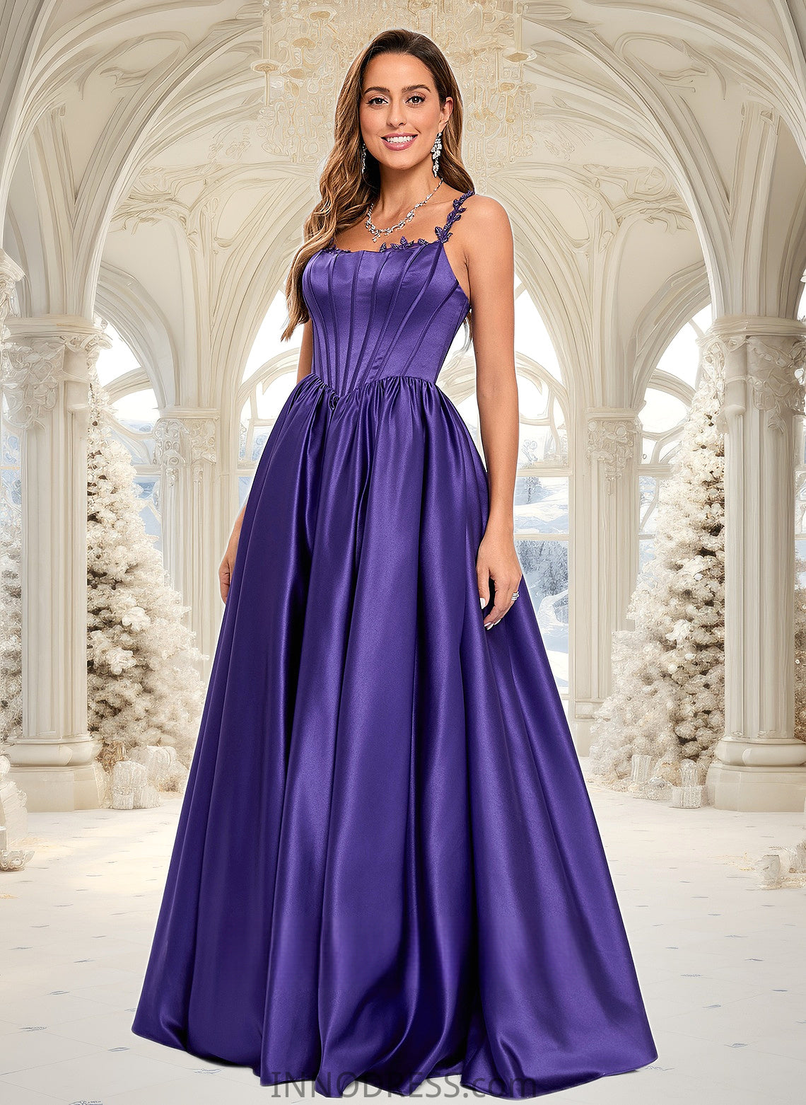 Kaiya Ball-Gown/Princess Scoop Floor-Length Satin Prom Dresses With Appliques Lace Beading DPP0025865