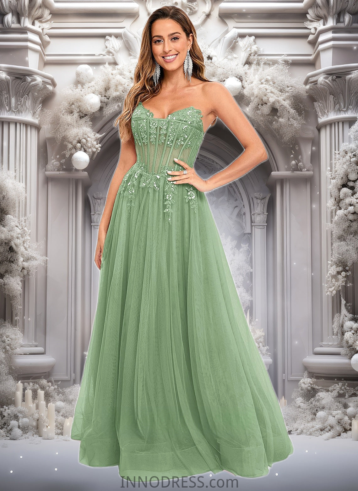 Ina Ball-Gown/Princess V-Neck Floor-Length Tulle Prom Dresses With Sequins Appliques Lace DPP0025837