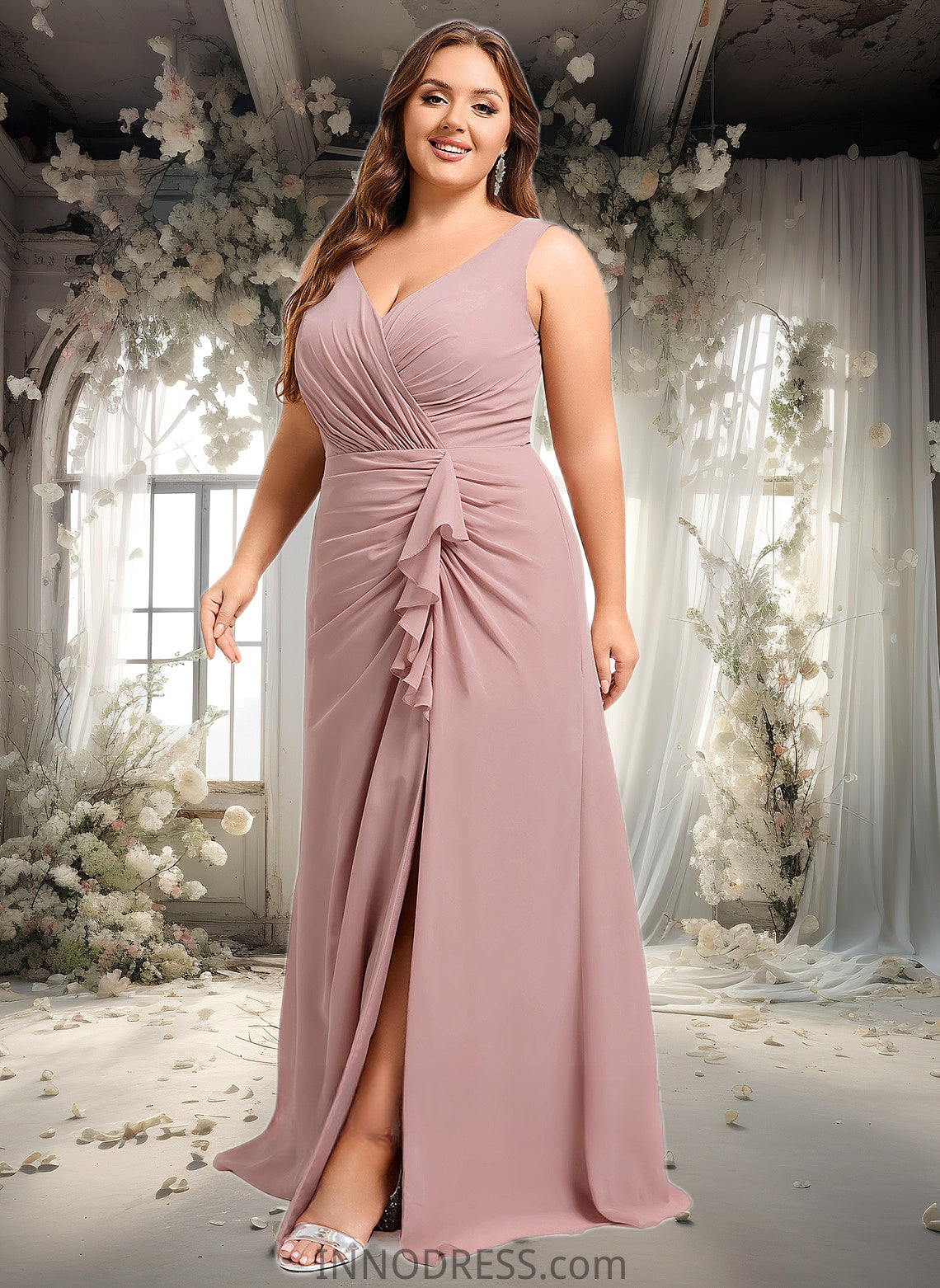 Fatima A-line V-Neck Floor-Length Chiffon Bridesmaid Dress DPP0025820