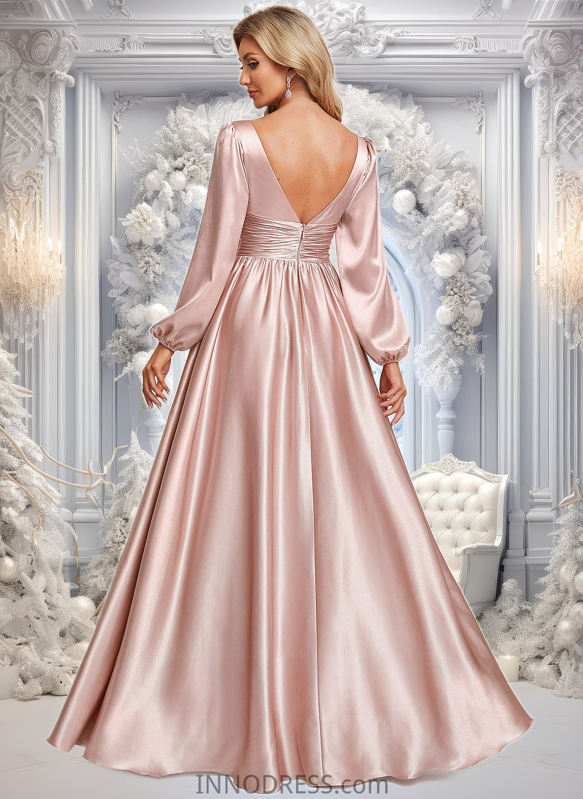 Francesca A-line V-Neck Floor-Length Stretch Satin Prom Dresses DPP0025880