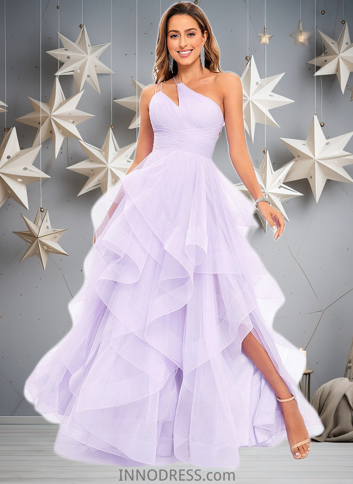 Janet Ball-Gown/Princess Asymmetrical One Shoulder Floor-Length Tulle Prom Dresses DPP0025867