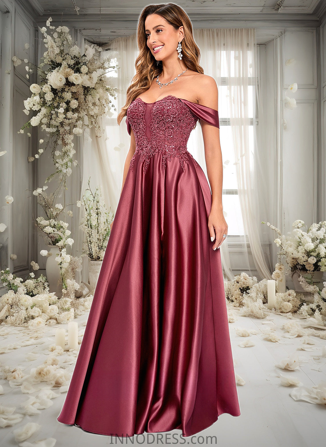 Reese A-line Off the Shoulder Floor-Length Satin Lace Prom Dresses With Sequins DPP0025841