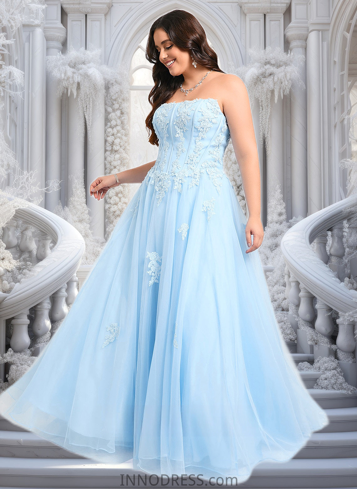 Aubrey Ball-Gown/Princess Straight Sweep Train Tulle Prom Dresses With Sequins Appliques Lace DPP0025864