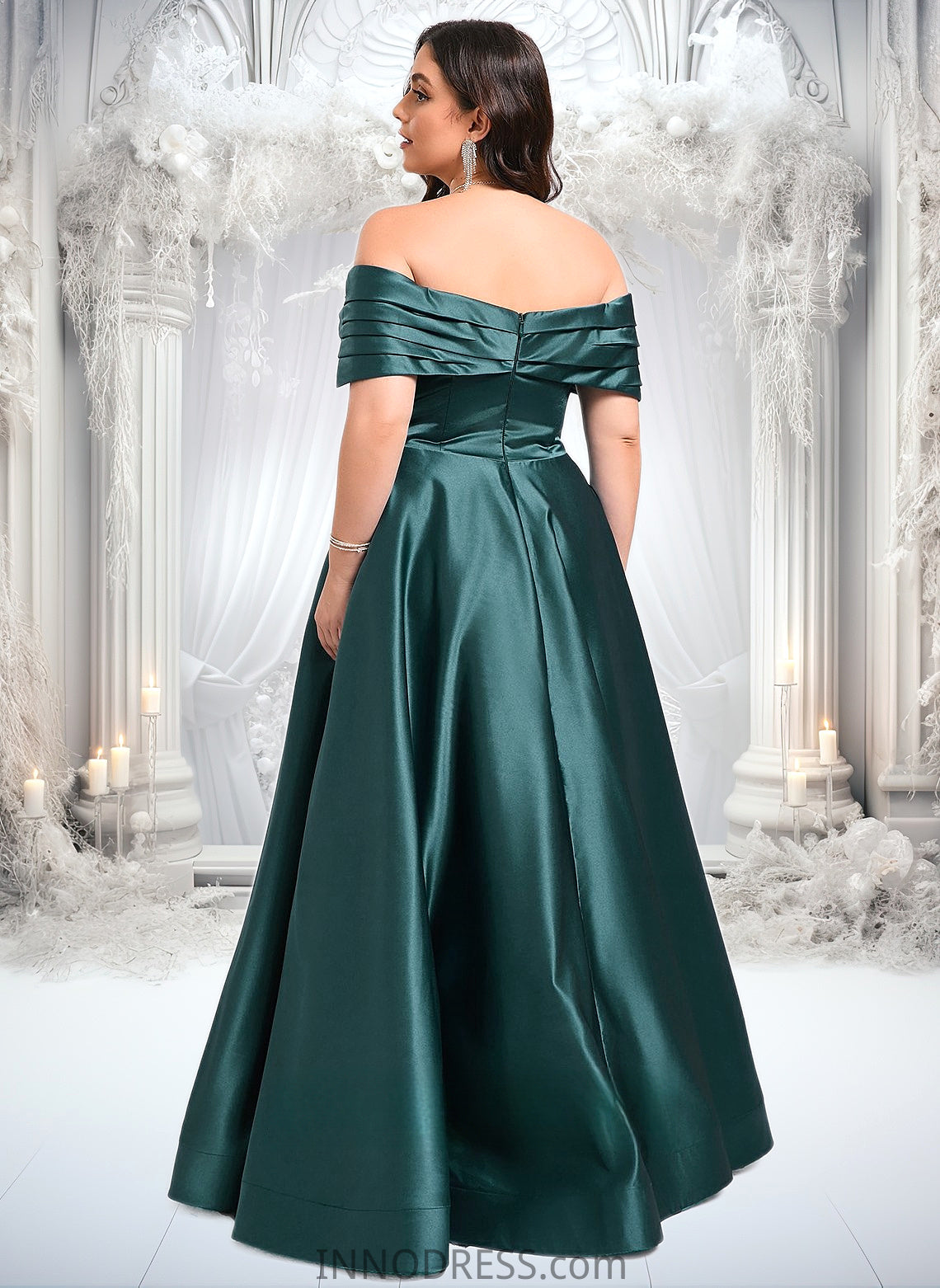 Iris A-line Off the Shoulder Floor-Length Satin Prom Dresses With Pleated DPP0025851