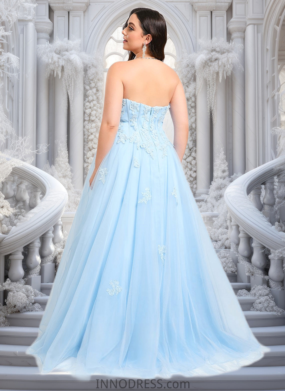 Aubrey Ball-Gown/Princess Straight Sweep Train Tulle Prom Dresses With Sequins Appliques Lace DPP0025864