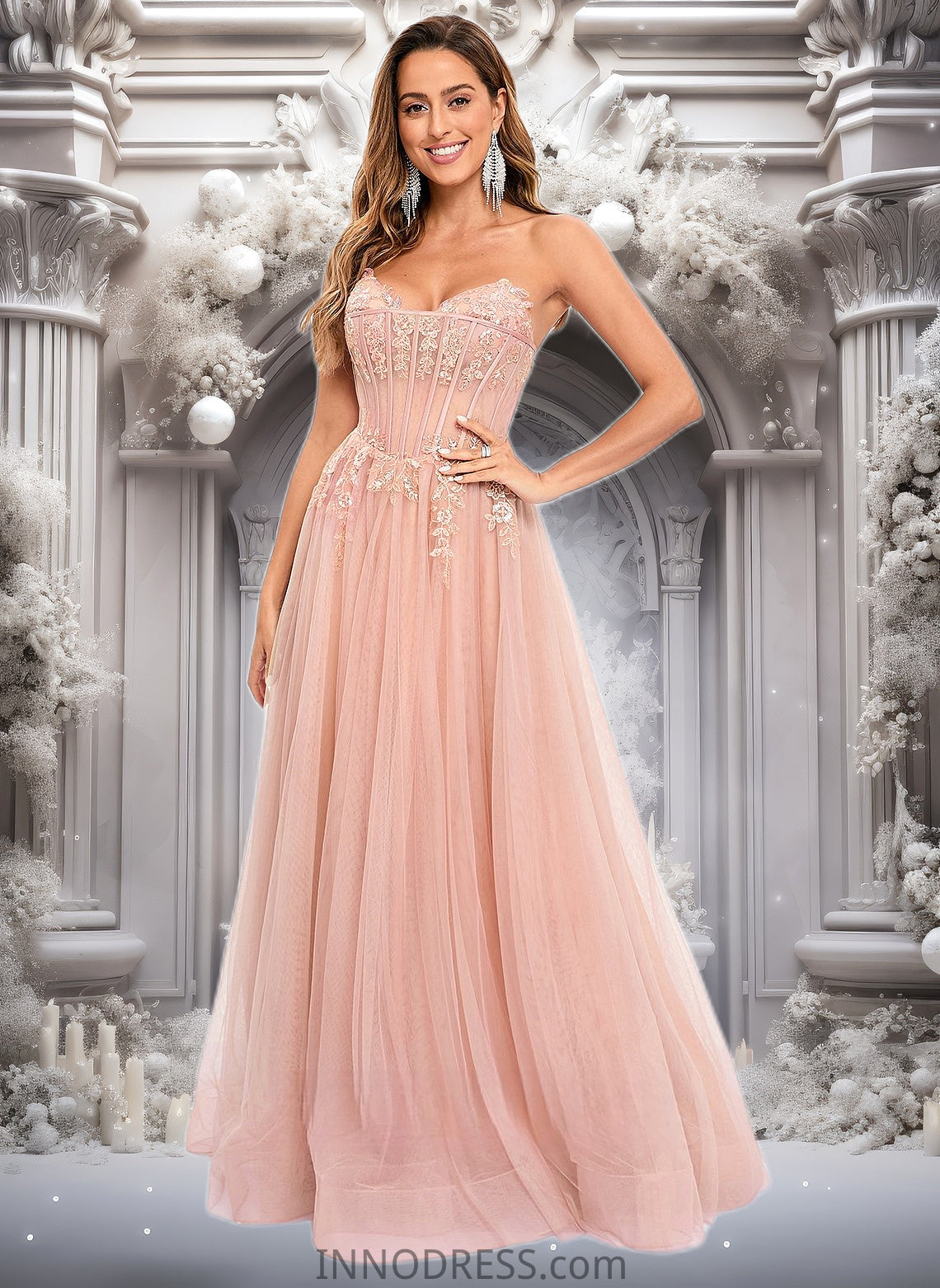 Ina Ball-Gown/Princess V-Neck Floor-Length Tulle Prom Dresses With Sequins Appliques Lace DPP0025837