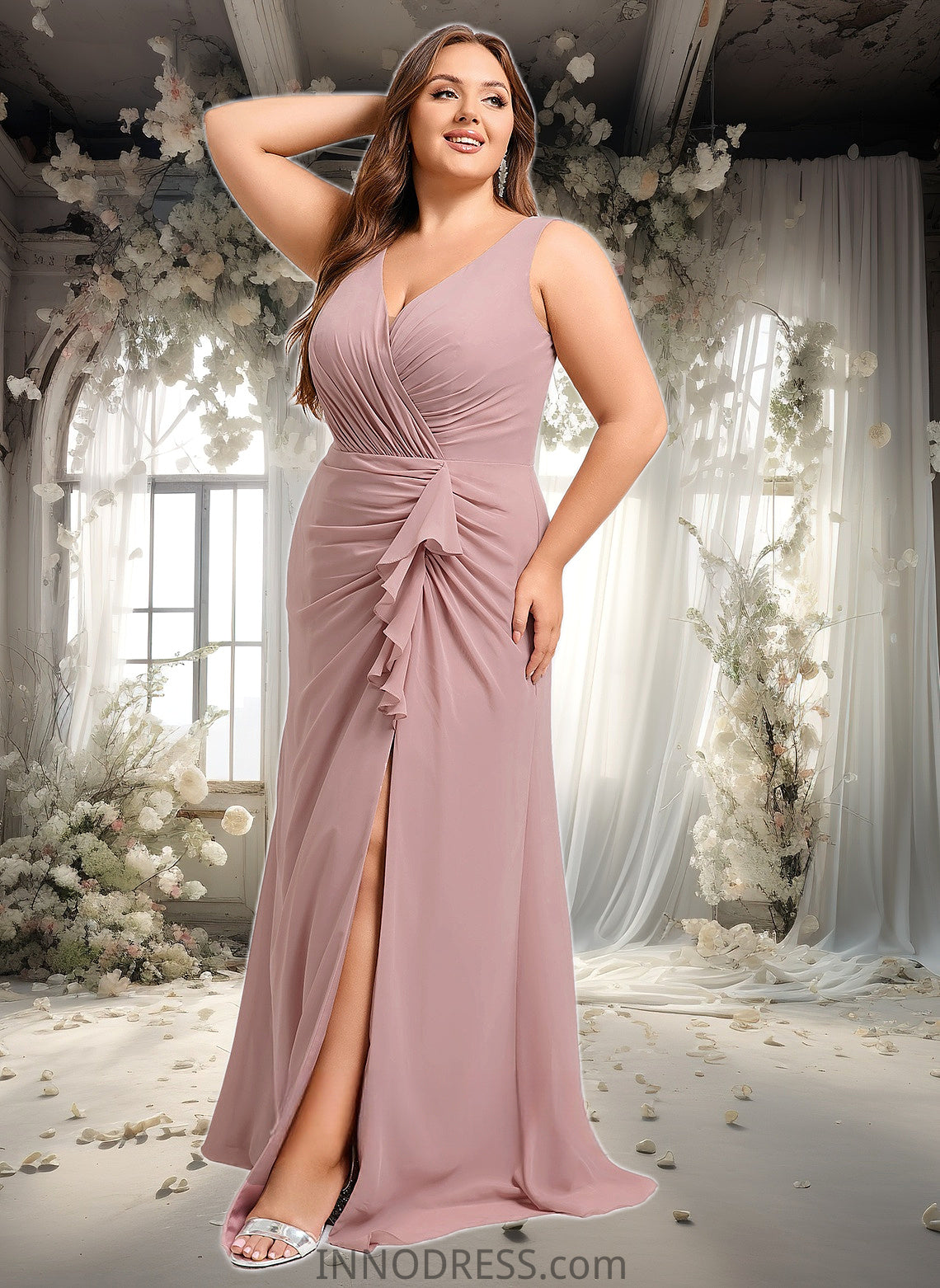 Fatima A-line V-Neck Floor-Length Chiffon Bridesmaid Dress DPP0025820