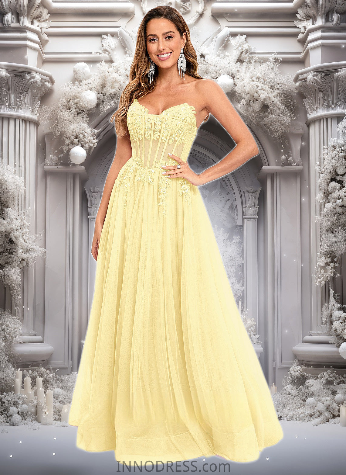 Ina Ball-Gown/Princess V-Neck Floor-Length Tulle Prom Dresses With Sequins Appliques Lace DPP0025837