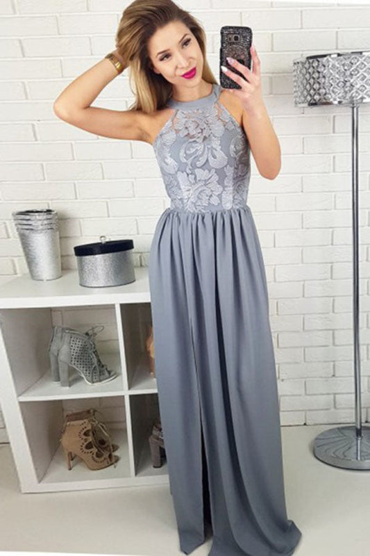 Chic Halter With Lace Appliques Floor Length Prom Dresses