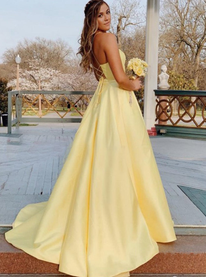 A Line Satin Spaghetti Straps Prom Dresses with Beading Pockets