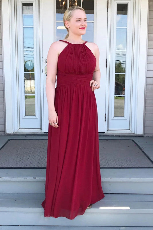 A-line Jewel Burgundy Bridesmaid Dresses, Chiffon Long Prom Dresses