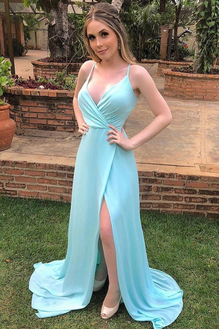 A-line V-neck Mint Blue Long Prom Dresses, Backless Evening Dresses With Split