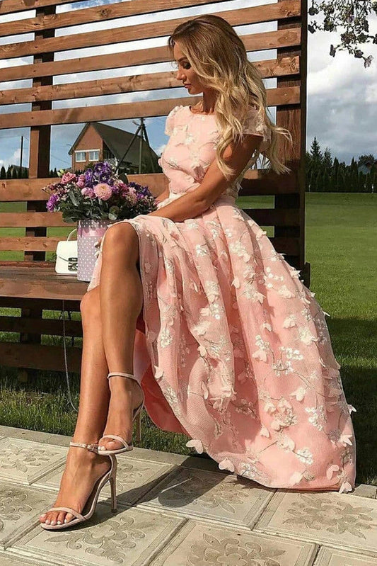 A-line Cap Sleeves 3D Floral Appliques Long Prom Dresses