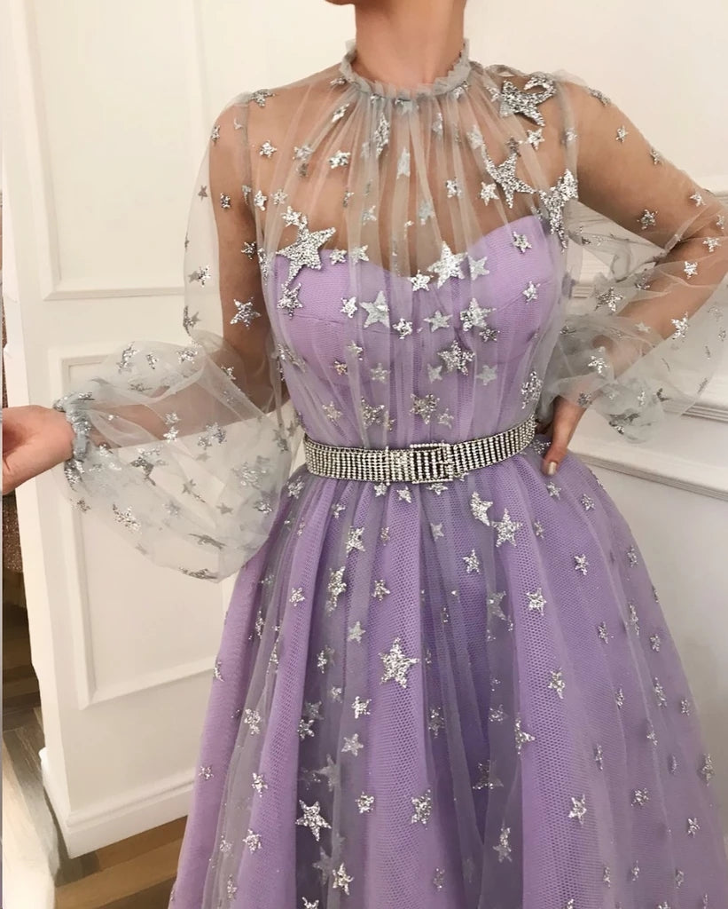 A-line Starry Night Star Beaded Long Puff Sleeves Prom Dresses