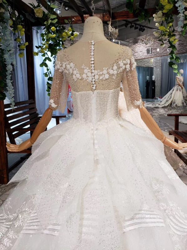 Beaded Long Ball Gown Wedding Dresses, Quinceanera Dresses with Short Sleeve