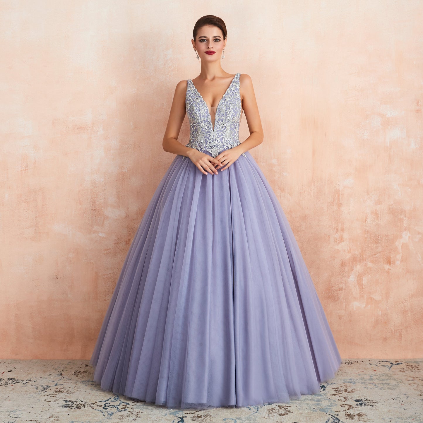 Sleeveless Light Purple Tulle Ball Gown Prom Dresses