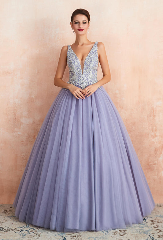 Sleeveless Light Purple Tulle Ball Gown Prom Dresses