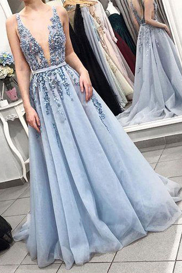 Delicate Sleeveless V Neck Backless With Lace Appliques Long Prom Dresses