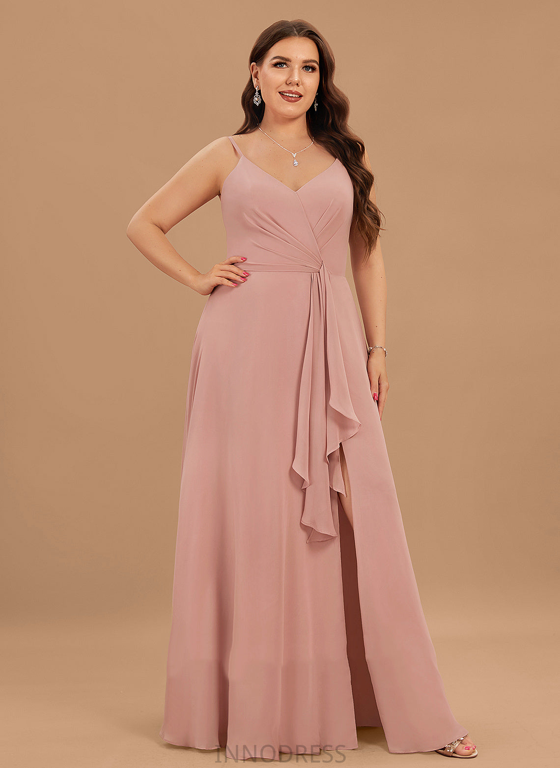 Ruffle Silhouette Embellishment SplitFront Floor-Length Fabric V-neck Length A-Line Neckline Christine Scoop Bridesmaid Dresses