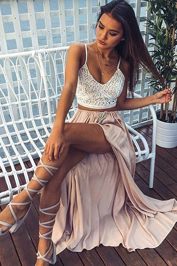 Two Piece Spaghetti Straps Split Side V Neck A Line Lace Prom Dresses