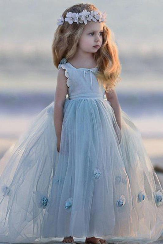 Blue Round Neck Ball Gown Tulle Sleeveless Flower Girl Dresses