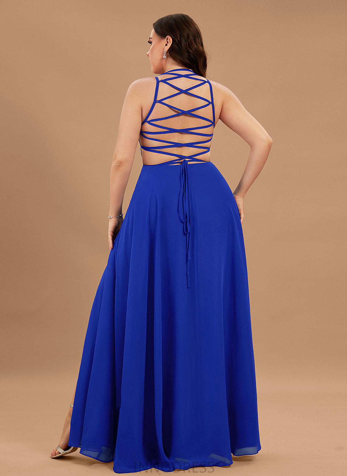 Split Front Floor-Length Chiffon Prom Dresses With A-Line Scoop Hannah Neck