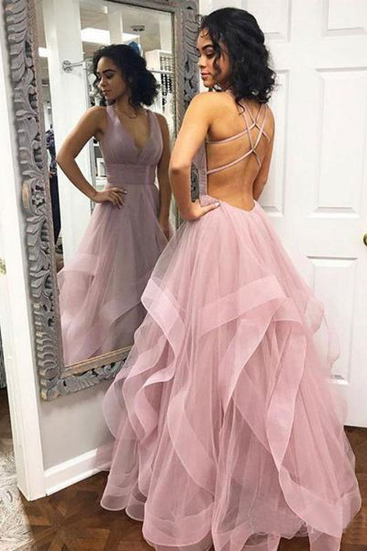 Chic Spaghetti Straps V Neck Backless Floor Length Simple Princess Dresses Prom Dresses