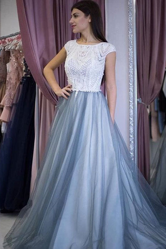 Delicate Round Neck Cap Sleeves Lace A Line Long Prom Dresses