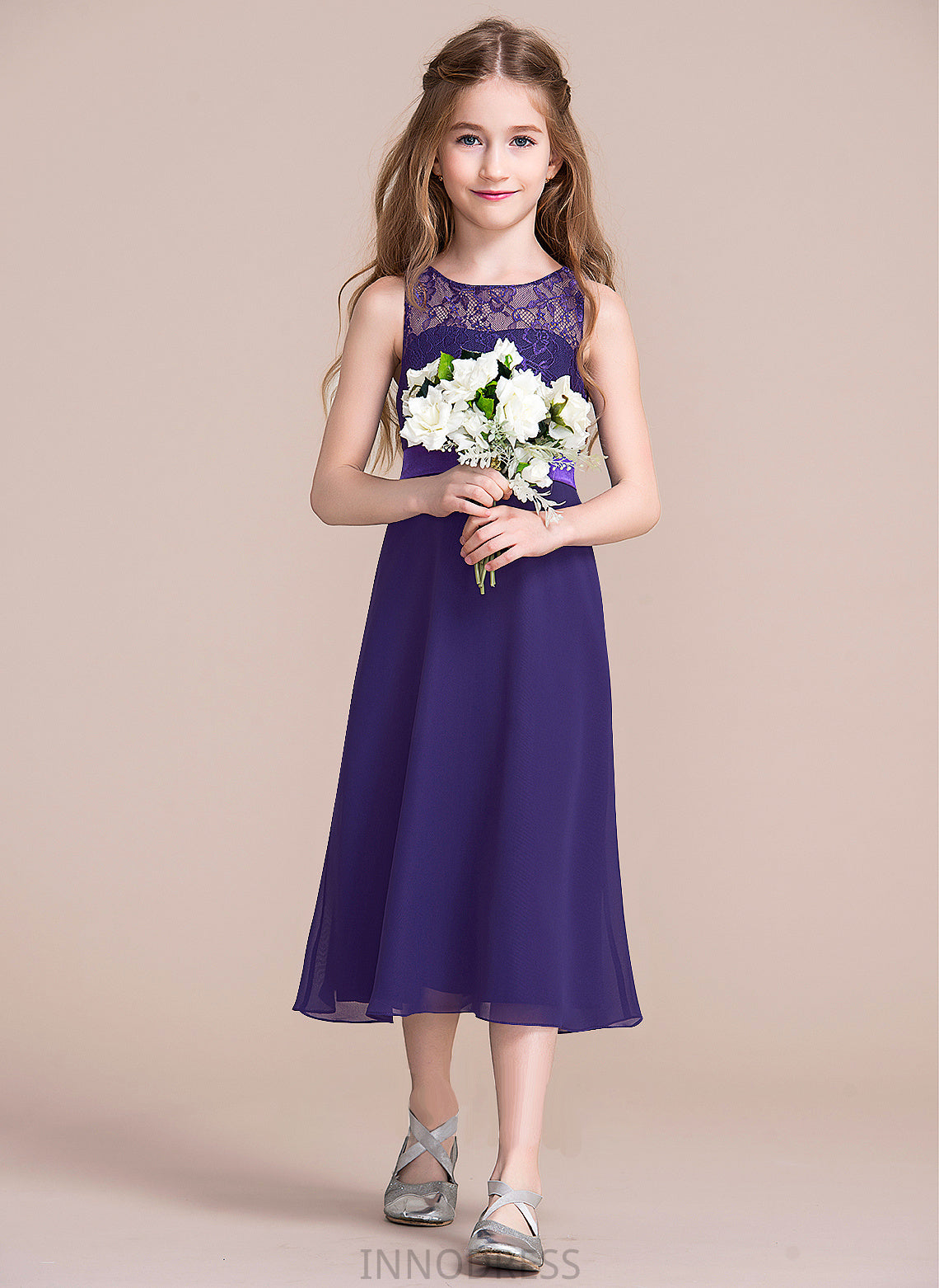 Junior Bridesmaid Dresses Scoop A-Line Neck Payton Chiffon Tea-Length