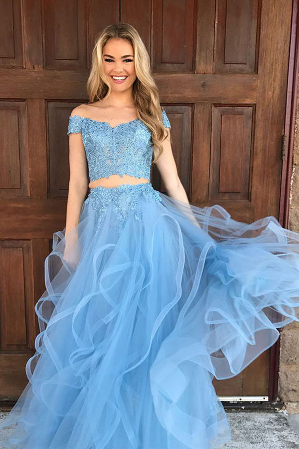 Blue A Line Floor Length Off Shoulder Short Sleeve Appliques Beading Prom Dresses