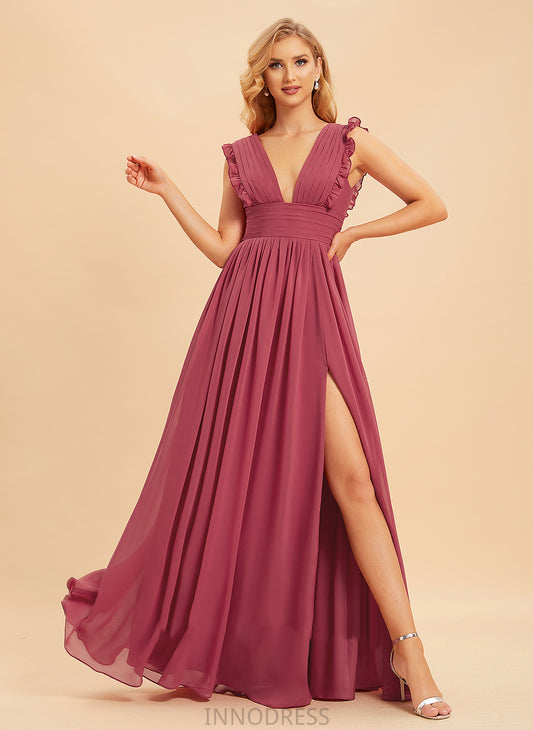 Length Embellishment Neckline SplitFront Fabric Silhouette A-Line V-neck Floor-Length Ruffle Marely Spaghetti Staps Bridesmaid Dresses