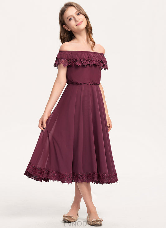 A-Line Lace Tea-Length Chiffon Off-the-Shoulder Junior Bridesmaid Dresses Kate