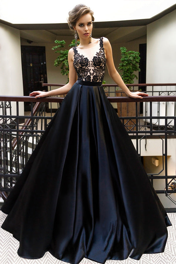 Black A Line Brush Train Sleeveless Appliques Prom Dresses