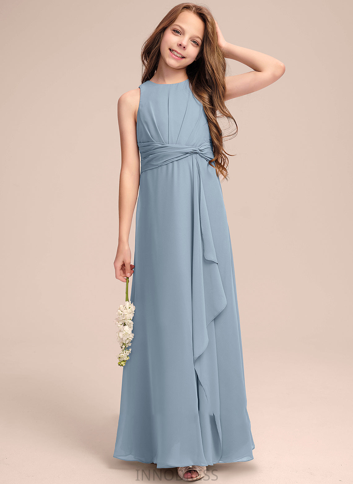 Ruffles With Neck Cascading Saniya Scoop Junior Bridesmaid Dresses A-Line Floor-Length Chiffon